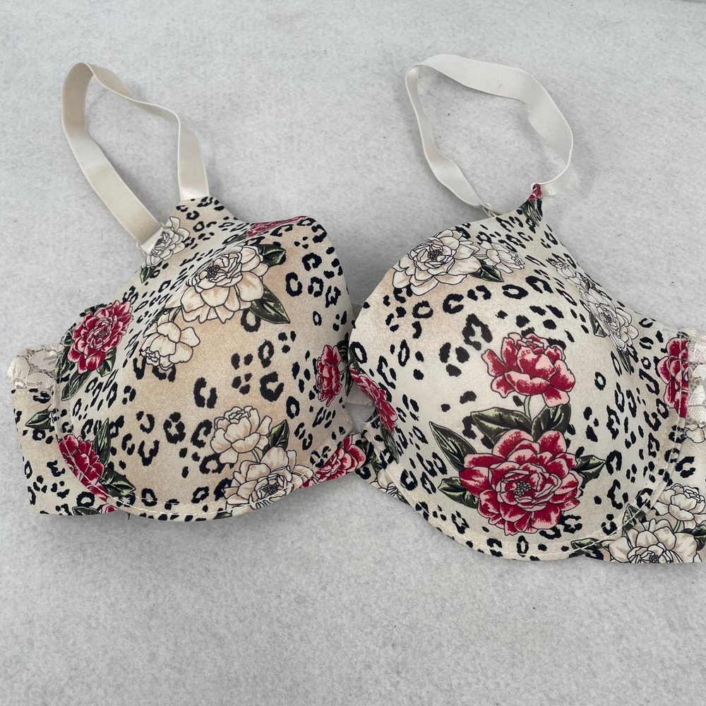 Kathy Ireland Intimates Bra Leopard Floral Underwire 40D Cream Rose Lace Trim
